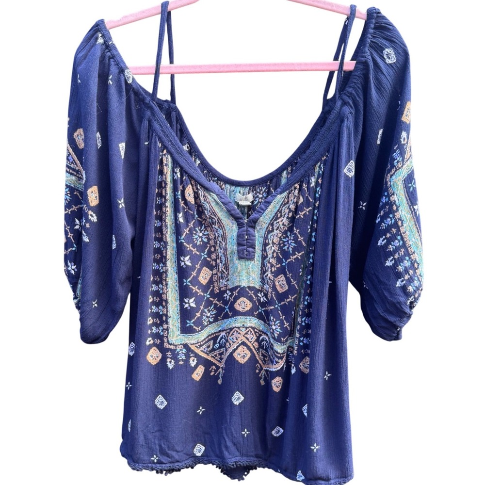 Ecote Urban Outfitters Navy Blue Medallion Boho Peasant Indie Blouse Medium Trim